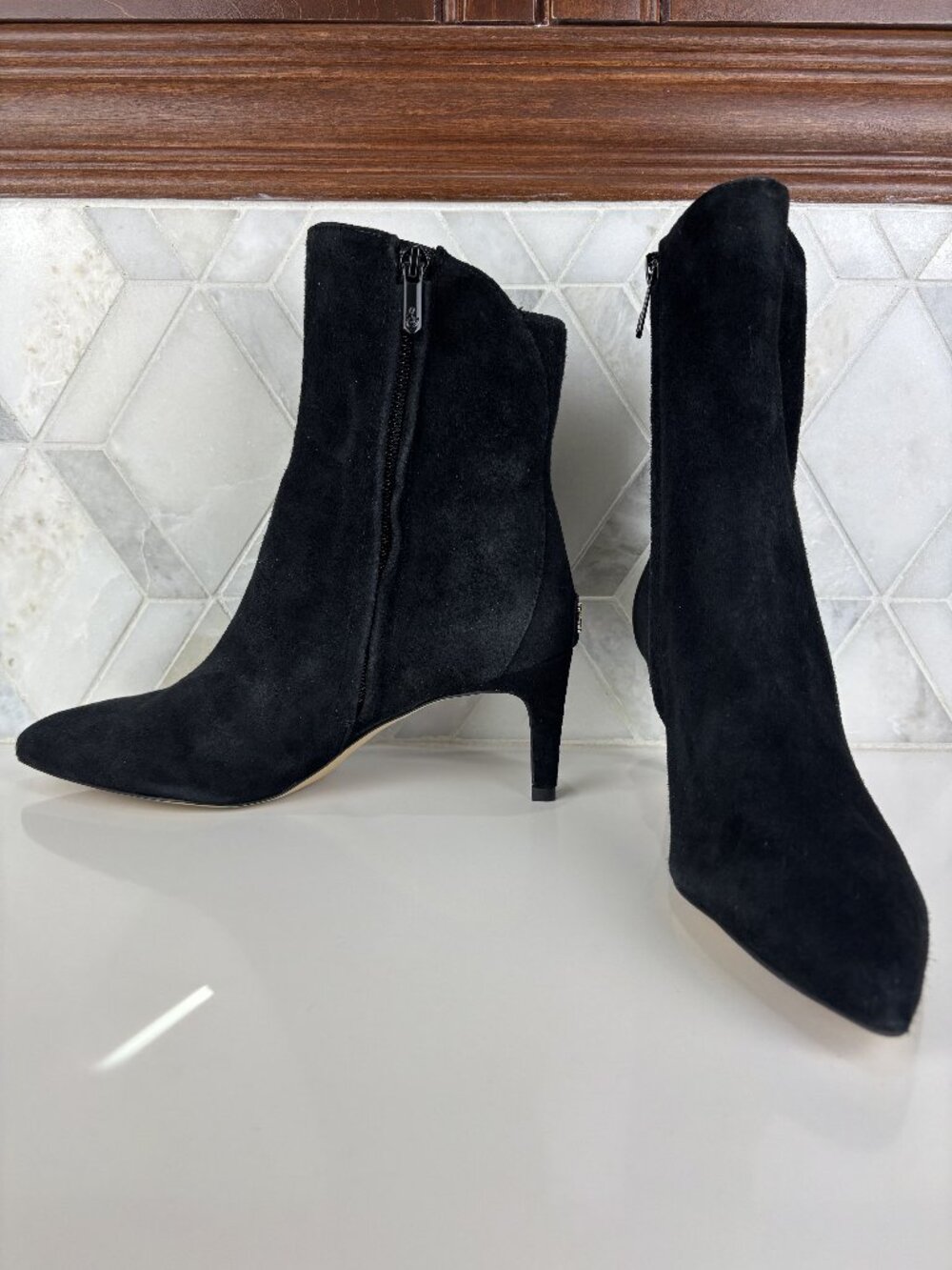 7 Sam Edelman Usha Ankle Boot Black Suede Stiletto Heel Hi Lo Pointed Toe Bootie